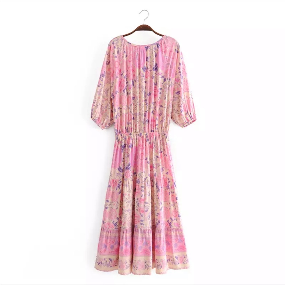 Pink boho gypsy midi dress floral print cream - Picture 4 of 7